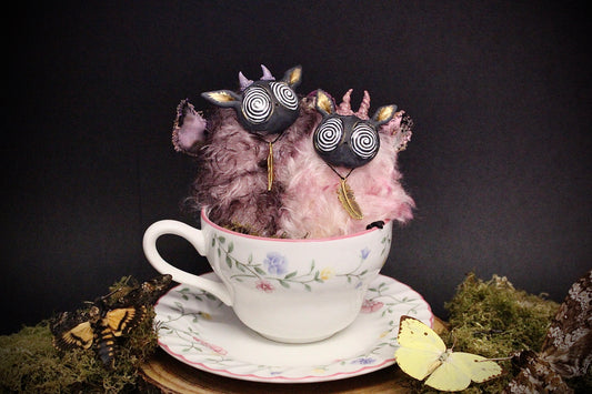 Mint and Raspberry the Moth Teacup Critter duo