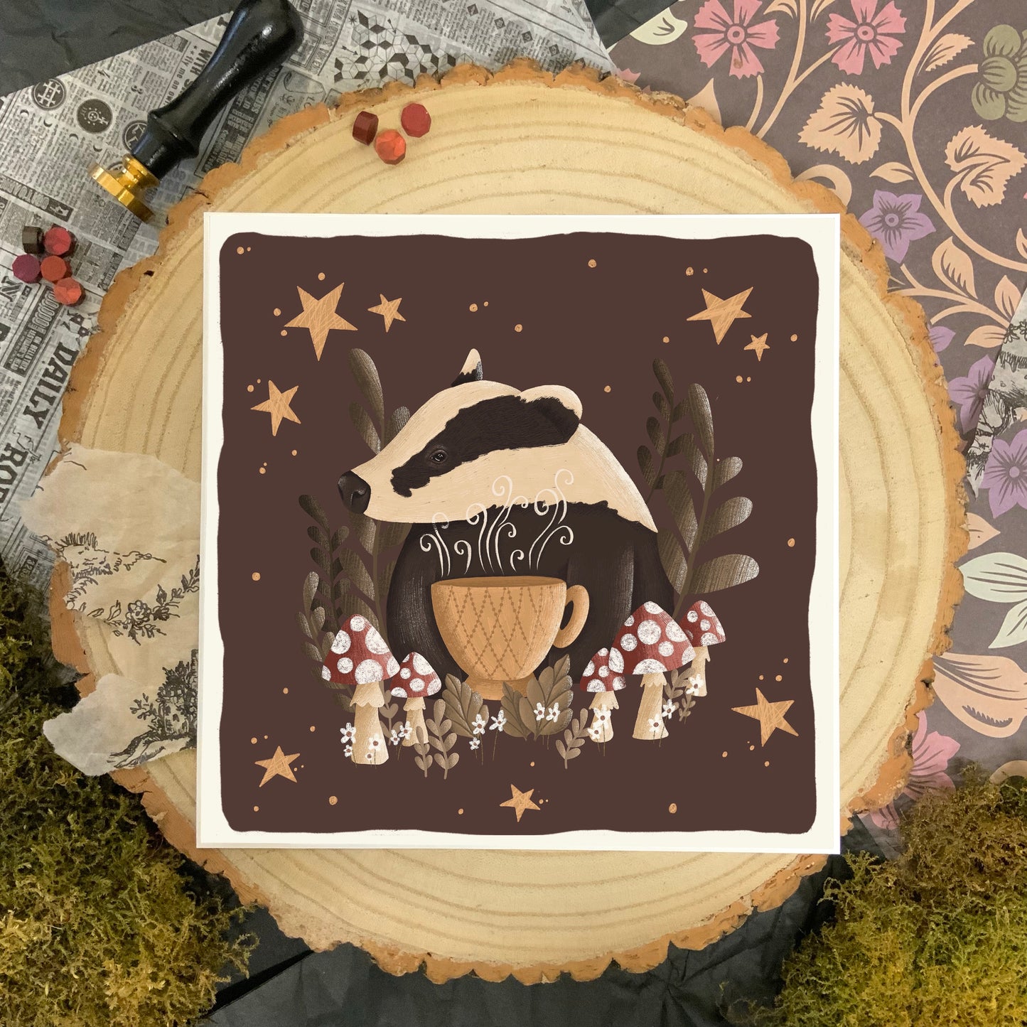 badger and teacup art print