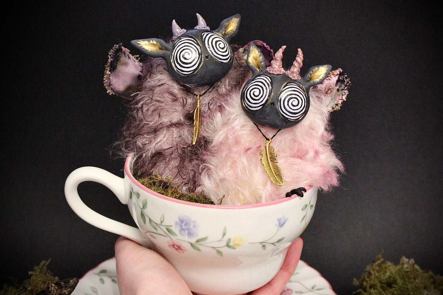Mint and Raspberry the Moth Teacup Critter duo